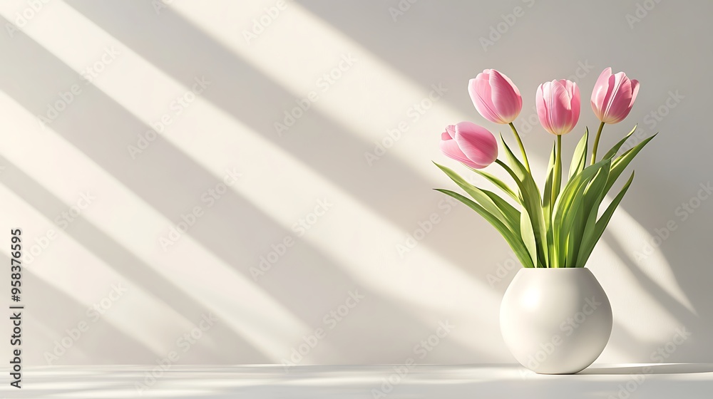Pink Tulips in a White Vase Against a White Wall