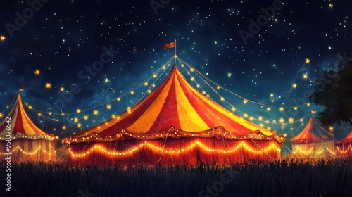 Vibrant Red and Yellow Circus Tent Featuring Magical Illumination with Dazzling Lights and Enchanting Atmosphere. Template for background, banner, card, poster