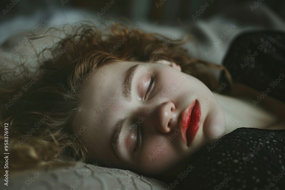Young Woman Sleeping Peacefully with Bold Red Lips and Curly Hair Young Woman Sleeping Peacefully with Bold Red Lips and Curly Hair
