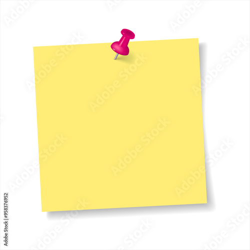 Realistic pushpin with yellow paper for your text. Thumbtack with note memo. Color notepaper with pin tack for reminder in school, office and home. Note with paper clip, isolated on white background.