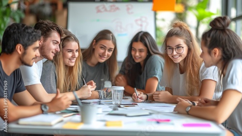A diverse group of colleagues engaged in a meeting, discussing ideas around a table with a whiteboard in the background in a casual office setting