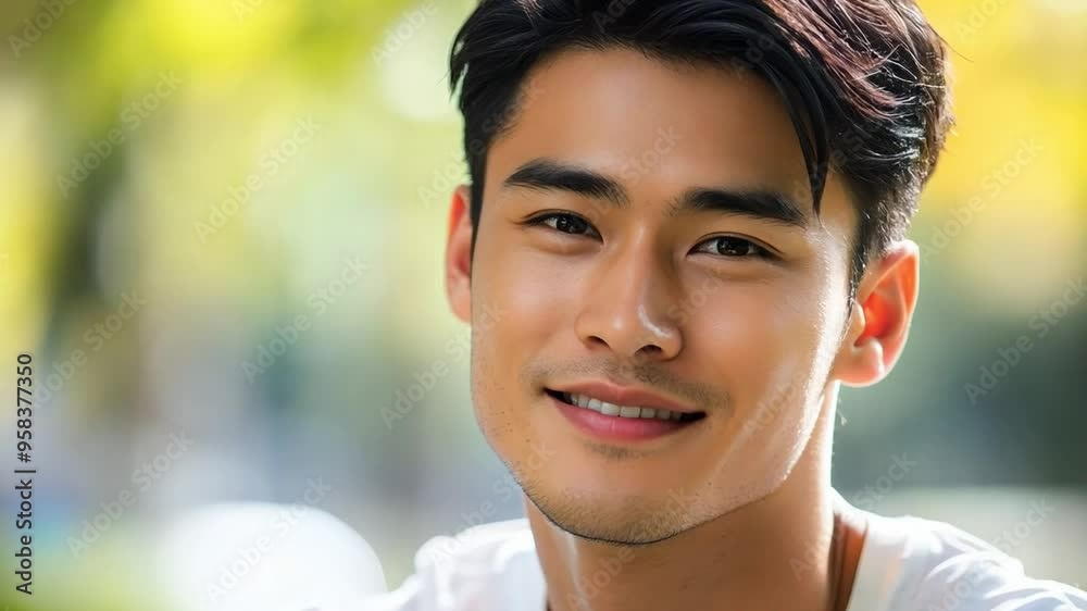 A young asian man, part of the Gen Z generation, smiles brightly while seated in a sunny park. Surrounding greenery enhances the relaxed, cheerful atmosphere of the moment. A young asian man, part of the Gen Z generation, smiles brightly while seated in a sunny park. Surrounding greenery enhances the relaxed, cheerful atmosphere of the moment.