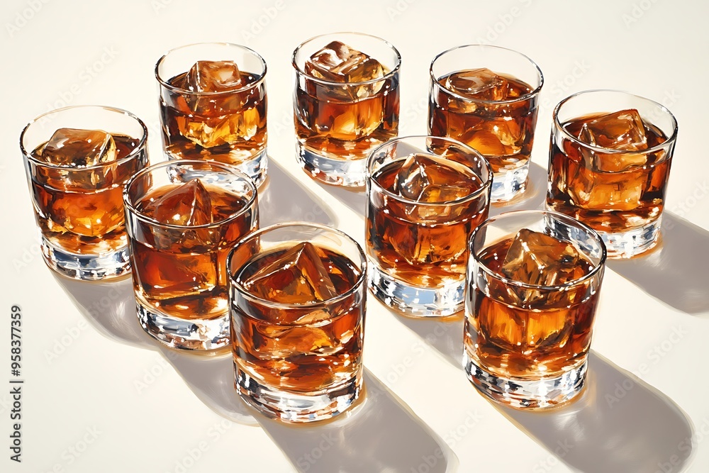 Eight Glasses of Whiskey with Ice on a White Background. Eight Glasses of Whiskey with Ice on a White Background.