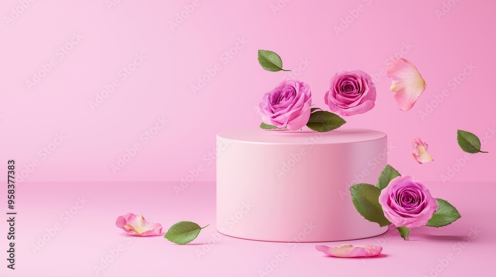 Obraz premium Floating pastel roses with green leaves around a sleek pink podium, isolated on pink background. Ideal for beauty or skincare promotions, adding a soft, romantic aesthetic to product displays.
