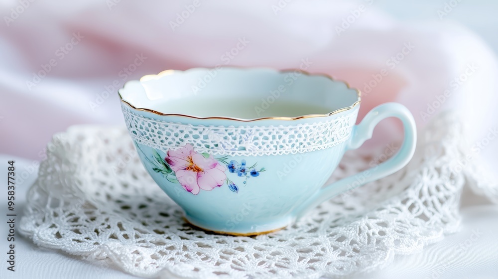 Fine porcelain teacup with an intricate floral design, sitting on a lace doily, representing elegance and delicate craftsmanship.