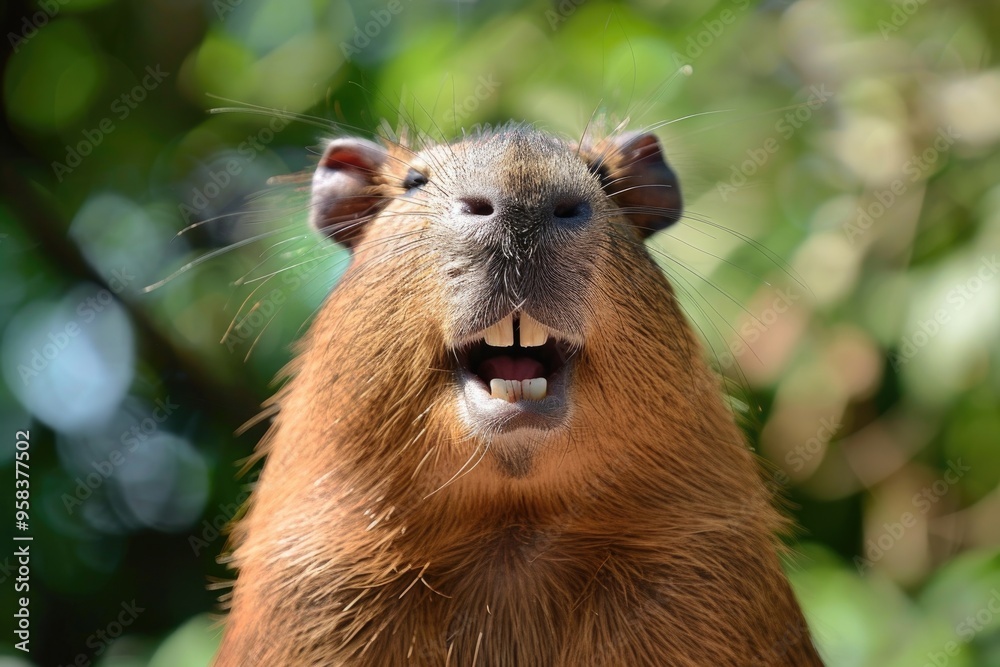 Close-Up of Happy Capybara in Nature with Green Background Close-Up of Happy Capybara in Nature with Green Background