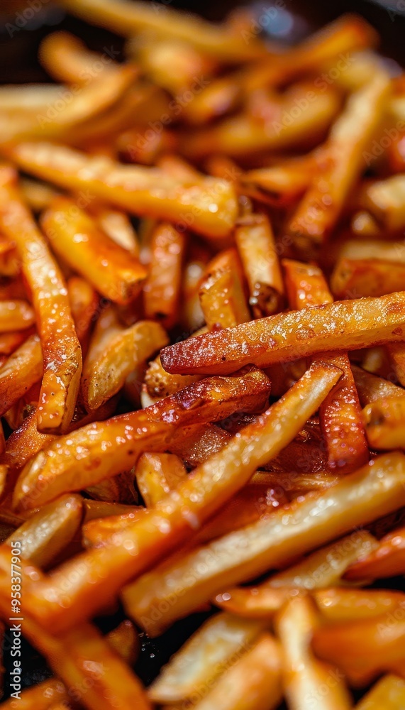 Close, Top View Crispy, Golden Brown, Perfectly Fried French Fries. A Delicious, Savory Treat. Close, Top View Crispy, Golden Brown, Perfectly Fried French Fries. A Delicious, Savory Treat.