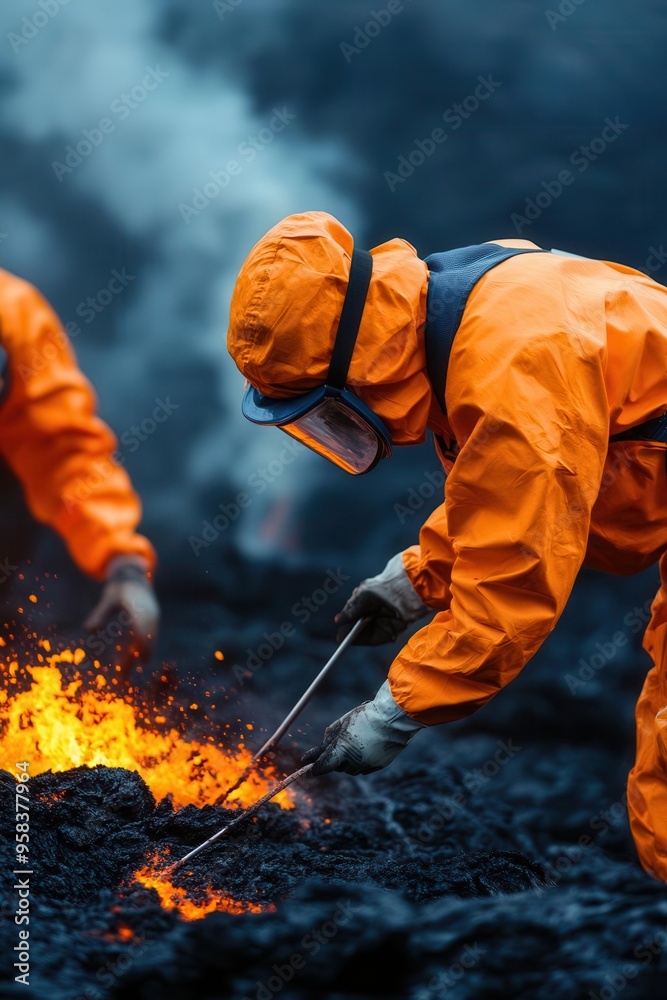 Fototapeta premium Scientists in protective gear examine molten lava at a volcanic site, showcasing the intensity of geological research and exploration.