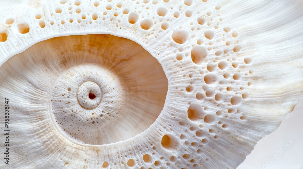 Obraz premium Detailed shot of a seashell, focusing on the spiral form and the ridged texture that tells a story of its natural origin.