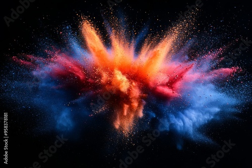 Vibrant explosion of colorful powder in blue, orange, and red against a black background