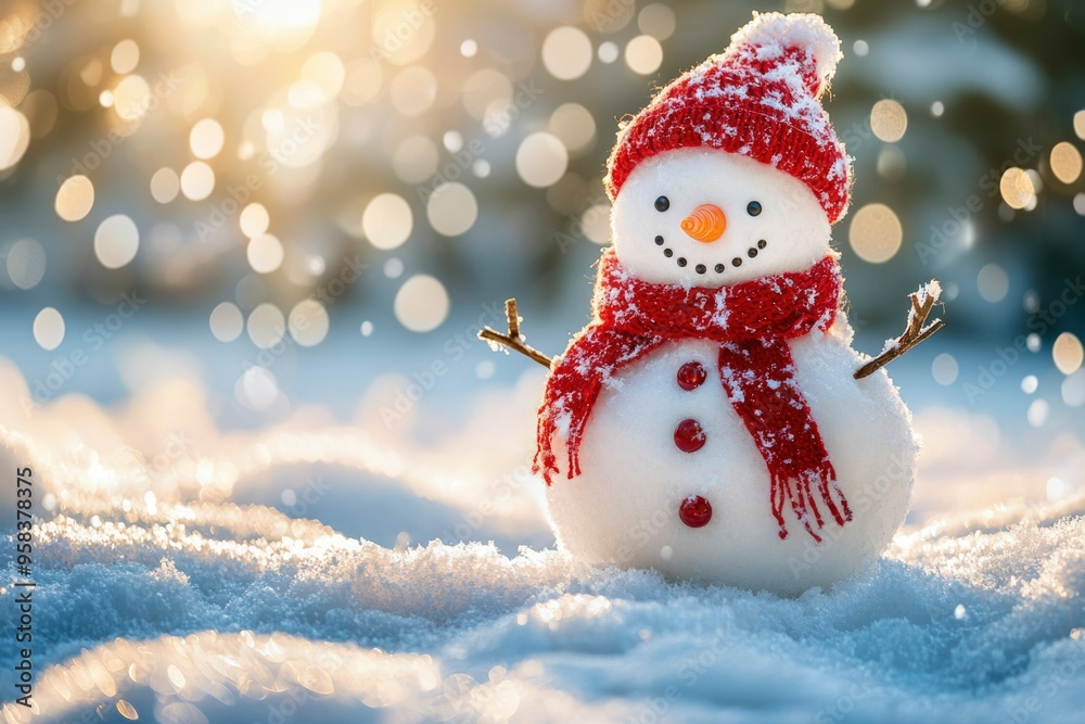 A Snowman in a Red Hat and Scarf on a Snowy Day A Snowman in a Red Hat and Scarf on a Snowy Day