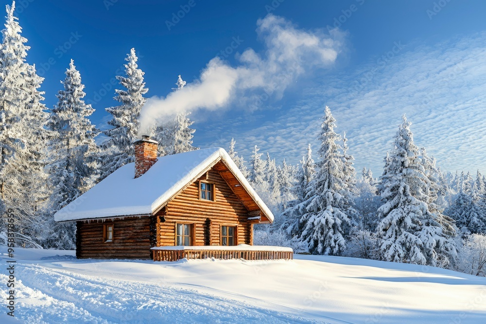 Snowy Cabin in a Winter Forest with Smoke Rising from Chimney Snowy Cabin in a Winter Forest with Smoke Rising from Chimney