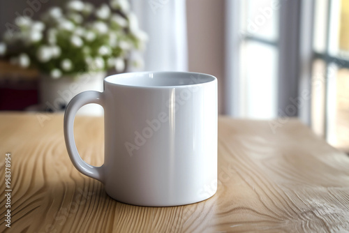 Empty plain white ceramic mug on wooden table floral blur background blank cup print on demand mockup for coffee tea branding POD template farmhouse rural country chic lifestyle