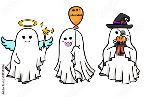 Cute ghost cartoon in happy Halloween illustration set.