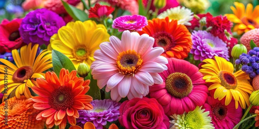 Close-up of a vibrant variety of mixed flowers, floral, garden, blooming, colorful, petals, nature, bouquet, vibrant, close-up