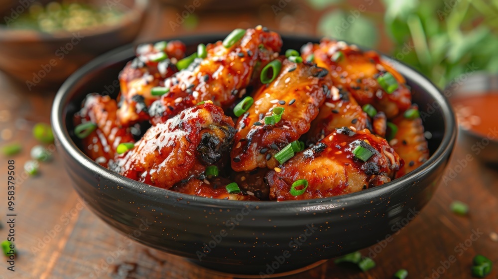 Close-up of a bowl of teriyaki chicken wings with sesame seeds and green onions.