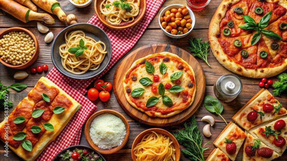 Italian food spread with a variety of pizza, pasta, and appetizers on the table, Italian, food, spread, variety, pizza Italian food spread with a variety of pizza, pasta, and appetizers on the table, Italian, food, spread, variety, pizza