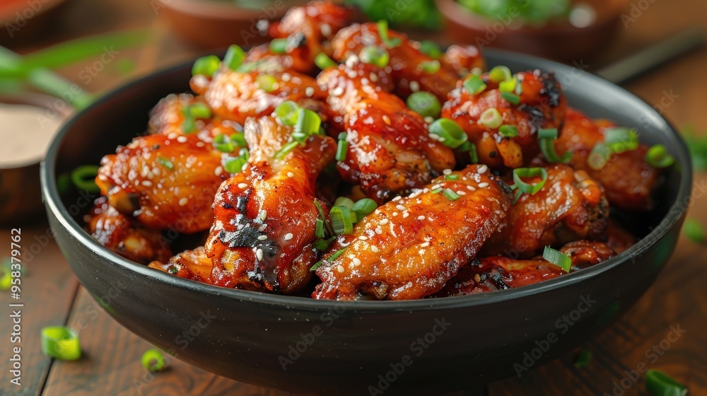 Fototapeta premium Close-up of a bowl of glazed chicken wings with sesame seeds and green onions on a wooden table.