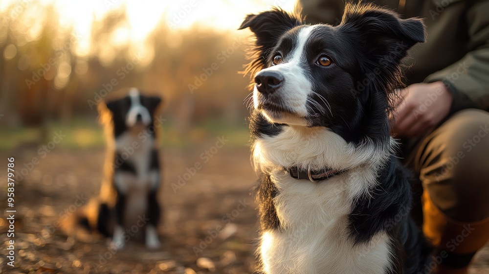 Obraz premium Border Collie Looking Up at Sunset.