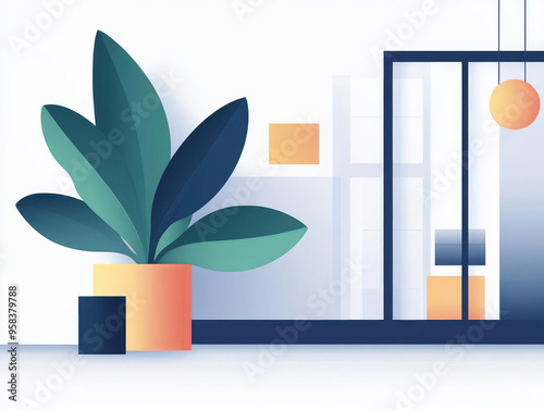 Modern minimalistic interior design with a large potted plant, geometric shapes, and soft lighting, providing a calm and stylish atmosphere.