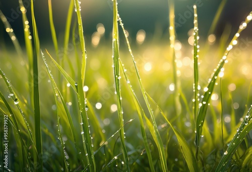 serene morning landscape showcasing dew kissed grass sunlight streaming through lush greenery, dewdrops, nature, scenery, meadow, bright, clear, sky, view photo