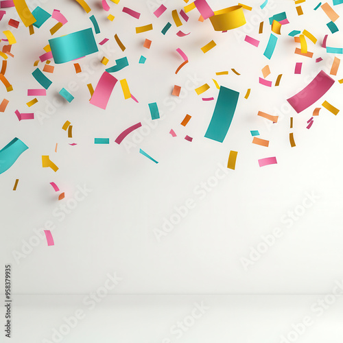 Vibrant celebration image with colorful confetti on white background. Perfect for festive events, parties, and joyful occasions.