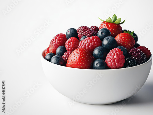 A bowl of fresh mixed berries including strawberries, raspberries, blueberries, and blackberries on a white background.