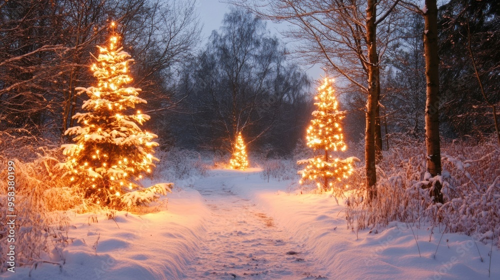 Naklejka premium A snowy path with christmas lights in the trees