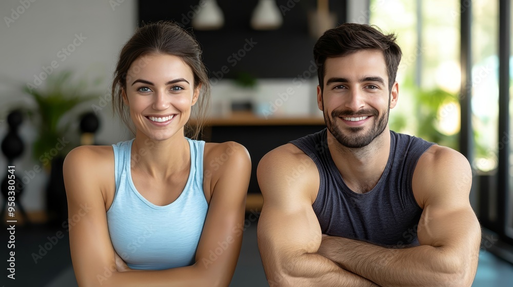 Portrait of a Fit and Happy Couple, Smiling at the Camera in their Workout Clothes at the Gym Portrait of a Fit and Happy Couple, Smiling at the Camera in their Workout Clothes at the Gym