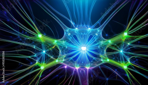 A dynamic, colorful 3D representation of a neural network in action. The image shows interconnected nodes and synapses, glowing with vibrant colors like electric blue and neon green, symbolizing data 