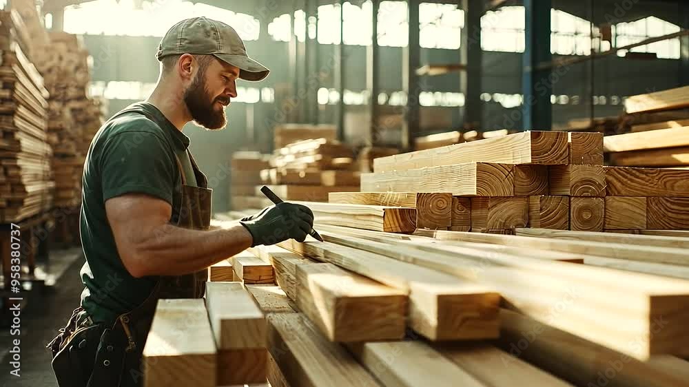 Close-up of a man working at a sawmill warehouse, engaged in tasks with visible sawmill equipment and a well-organized workspace, leaving room