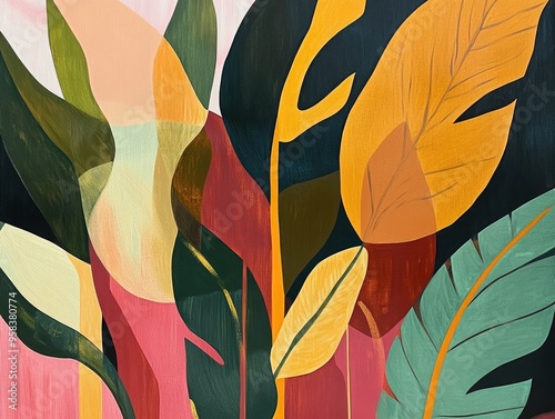Oil painting featuring botanical wall art Line art drawing of foliage accompanied by abstract shapes