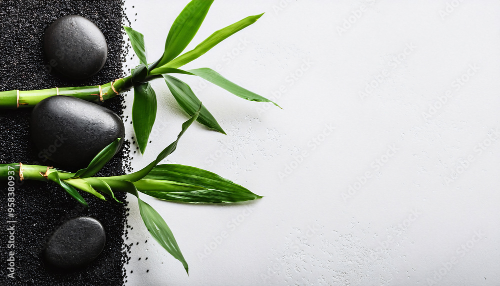 Natural Harmony: Bamboo Leaves and Zen Stones on Black Sand - Minimalist Japanese Garden Background Natural Harmony: Bamboo Leaves and Zen Stones on Black Sand - Minimalist Japanese Garden Background