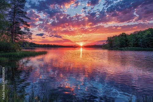 Stunning Fall Sunset Over Reflective Lake with Vibrant Autumn Foliage and Clouds