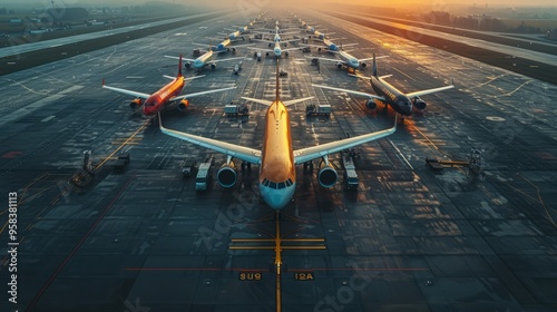 An usually bustling aerodrome stands silent, idle planes parked in neat rows, manifesting the challenging times for aviation.