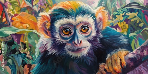 Oil painting depicting a monkey in a natural setting showcasing vivid colors and intricate details of the animal s features