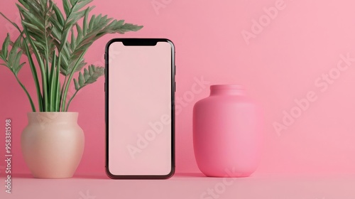 A stylish pink background featuring a smartphone, a modern vase, and a lush plant, perfect for trendy lifestyle visuals.
