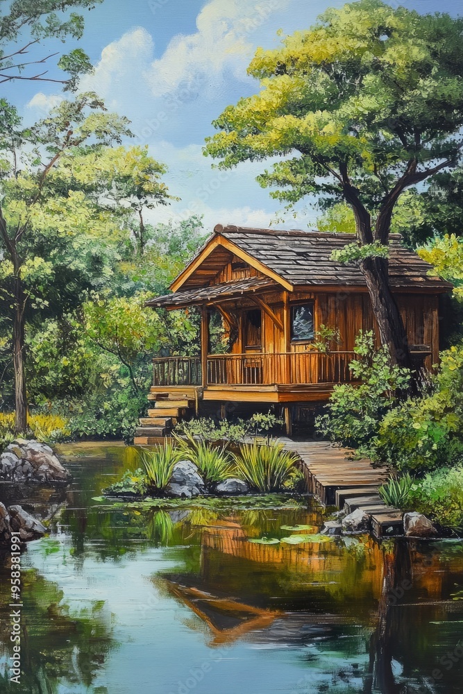 Oil painting depicting a wooden house by a pond in a park designed as an animal shelter showcasing harmony between nature and human creativity Oil painting depicting a wooden house by a pond in a park designed as an animal shelter showcasing harmony between nature and human creativity