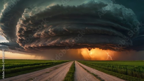 Sunset view of supercell storm above green fields and dirt road 