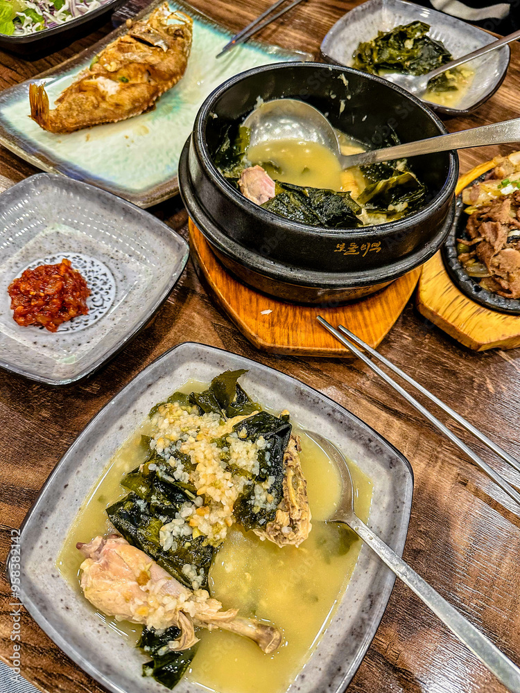 Korean foods served on a dining table. Perfect for photo illustration, article, or any cooking contents.