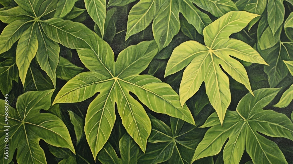 Oil painting showcasing a pattern of vibrant green papaya leaves Oil painting showcasing a pattern of vibrant green papaya leaves