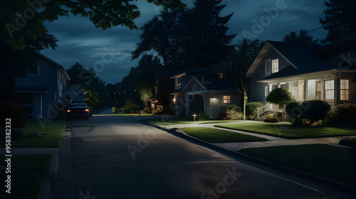 Evening lights illuminating a suburban neighborhood,