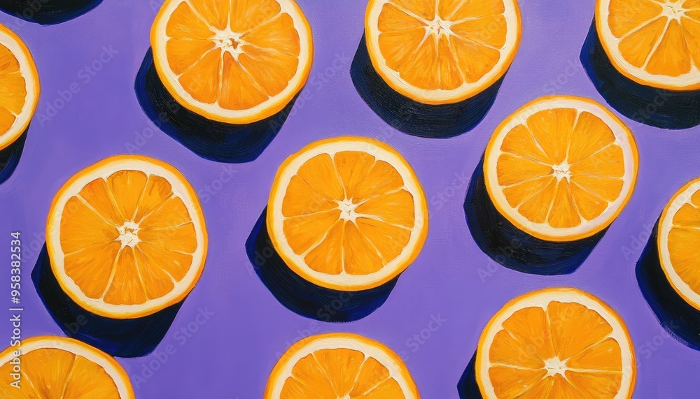 Vibrant oil painting showcasing a pattern of orange slices on a purple backdrop captured from a top view perspective Vibrant oil painting showcasing a pattern of orange slices on a purple backdrop captured from a top view perspective