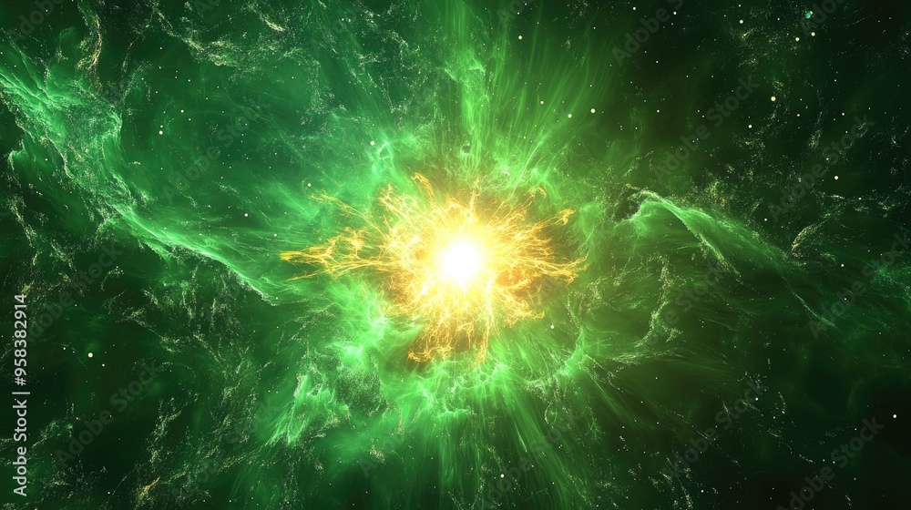 Abstract green background featuring a digital illustration of an explosive star Abstract green background featuring a digital illustration of an explosive star