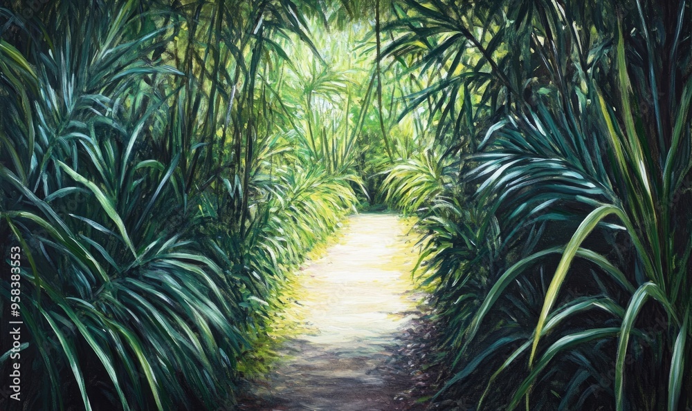 Oil painting depicting a serene path surrounded by cane plants featuring lush grass underfoot along the walkway Oil painting depicting a serene path surrounded by cane plants featuring lush grass underfoot along the walkway