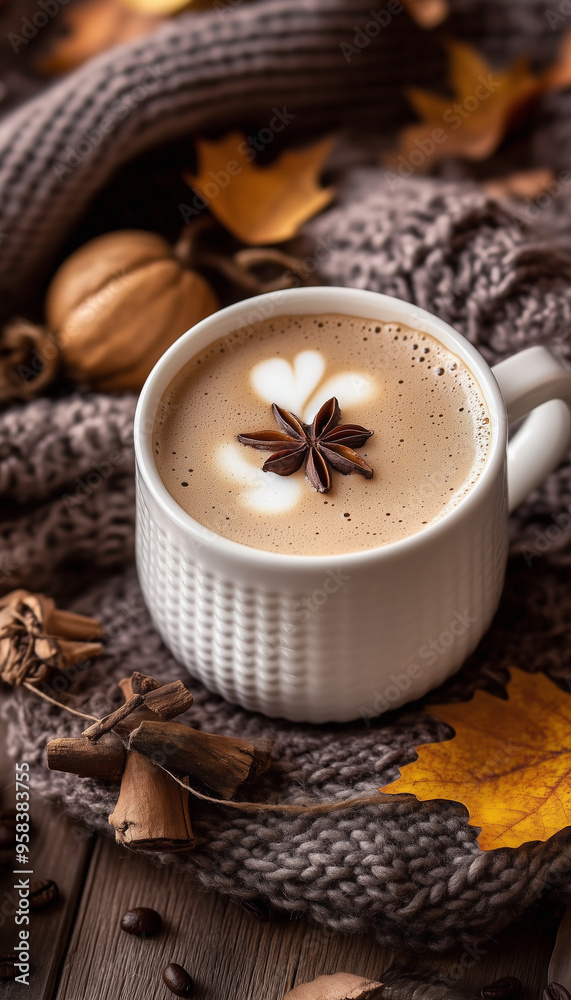 Warm Autumn Beverage Scene with Coffee and Seasonal Decor Warm Autumn Beverage Scene with Coffee and Seasonal Decor