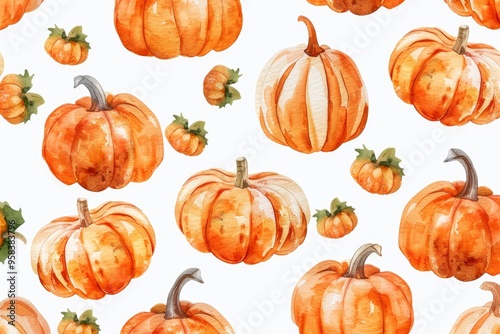 Autumn watercolor illustration with pumpkins, seamless pattern. 