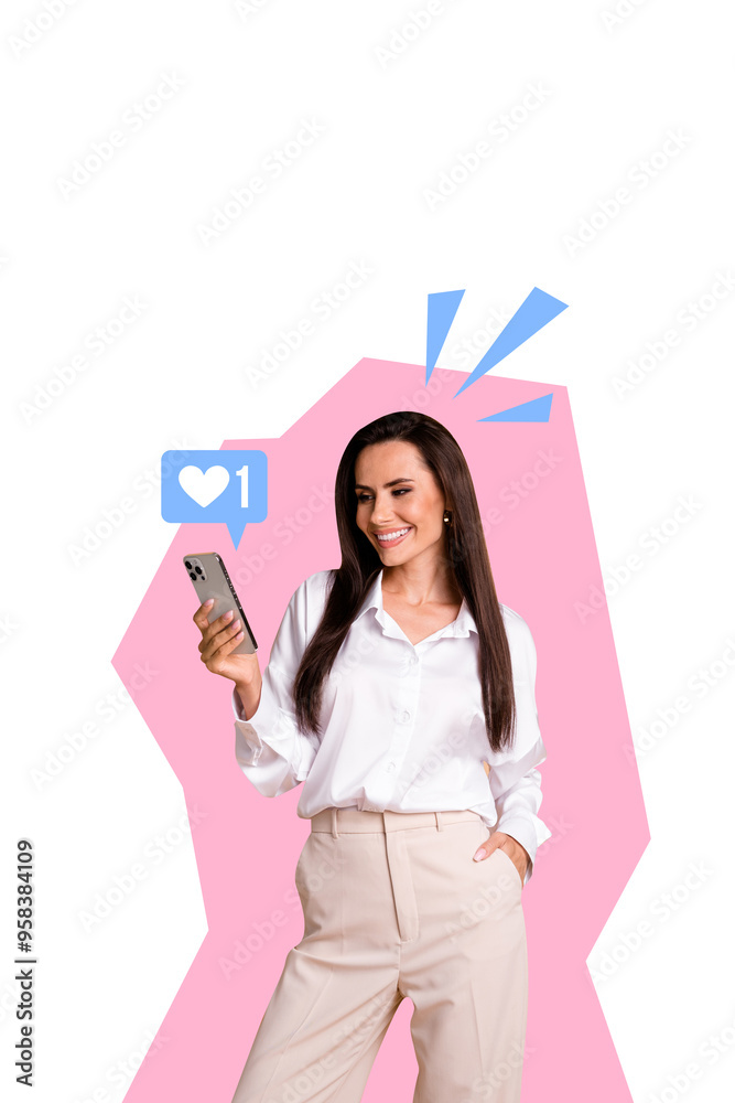 Vertical poster collaeg young woman blogger social media receive feedback like popularity heart smartphone digital device Vertical poster collaeg young woman blogger social media receive feedback like popularity heart smartphone digital device