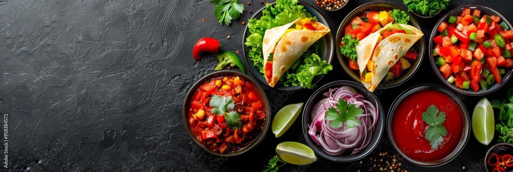 Mexican Food Background Tacos And Ingredients For Cooking, Top View. Dishes Of Mexican Cuisine Mexican Food Background Tacos And Ingredients For Cooking, Top View. Dishes Of Mexican Cuisine
