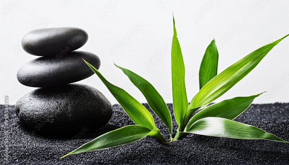 Natural Harmony: Bamboo Leaves and Zen Stones on Black Sand - Minimalist Japanese Garden Background Natural Harmony: Bamboo Leaves and Zen Stones on Black Sand - Minimalist Japanese Garden Background